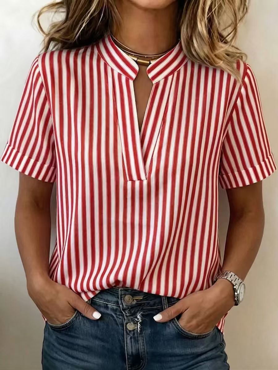 Simple And Elegant Womens Striped Short-Sleeve Fashionable Shirt