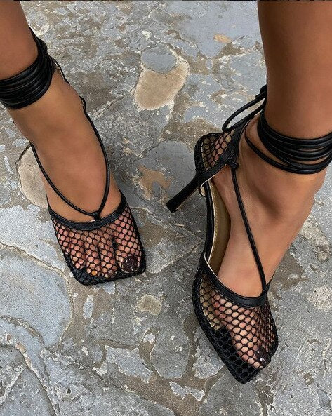 New Sexy Red Mesh Pumps Sandals Female Square Toe High Heel Lace Up Cross-tied Stiletto Hollow Dress Shoes Mujer Bombas
