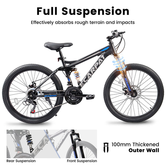 A2460 24 Inch Mountain Bike With Full Suspension, 21 Speed Grip Shifters, High Carbon Steel Frame, Mechanical Disc Brakes, Unisex For Men Women Adults, Ideal For Trails.