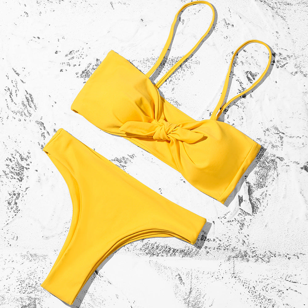 Pure Color Bikini Strap And Bow Split Swimsuit