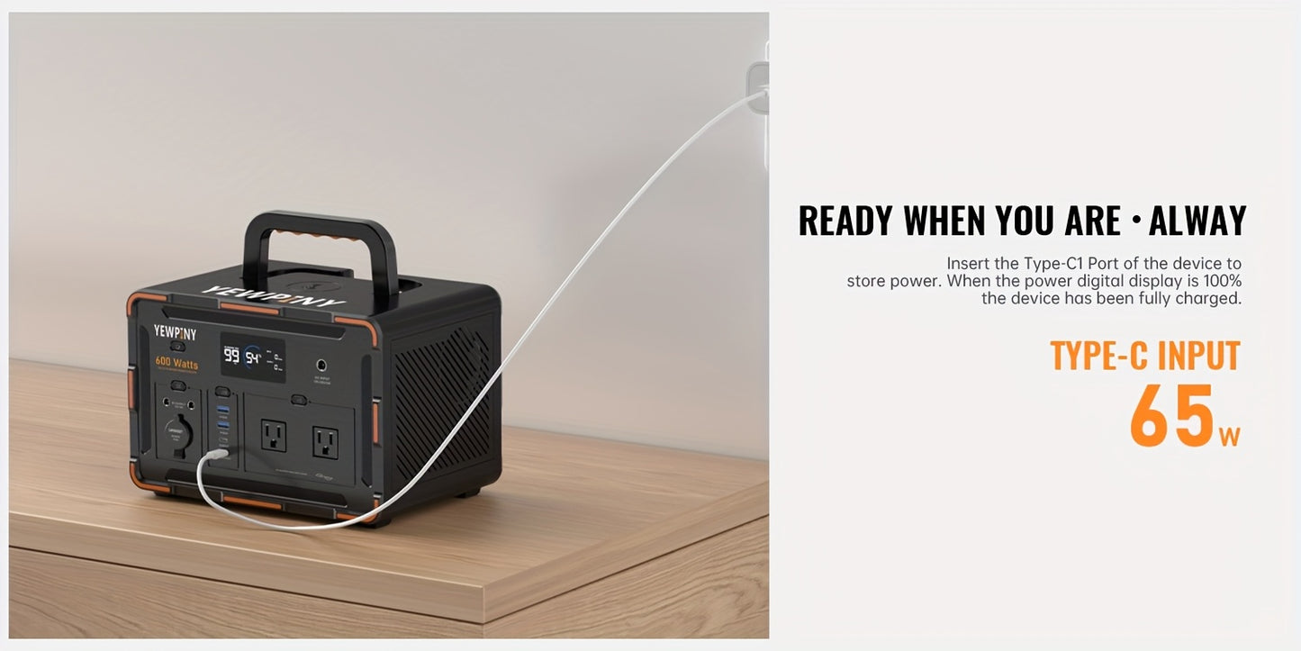 YEWPINY 600W Portable Power Station, 600W Fast Charging, 599.4Wh Lithium Battery Solar Generator AC Power Socket, DC Port, LED Lighting, PD And USB, A Total Of 9 Output Ports, Suitable for Home, Outdoor Travel, Camping And Po