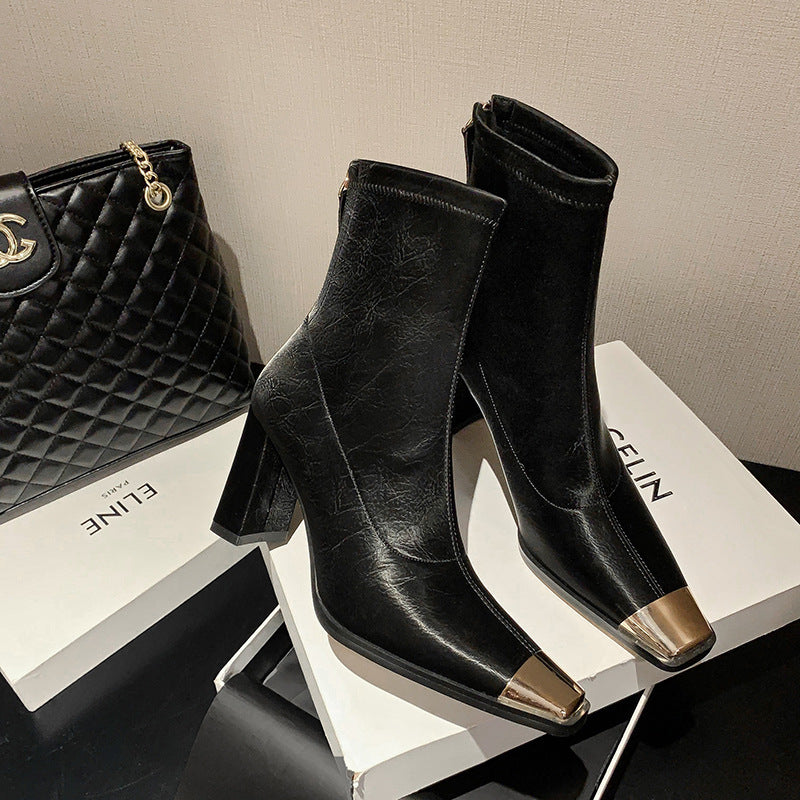 New Fashion Autumn Winter Warm Shoes Chunky High Heels Platform Black Blue Dress Party Work Female Lady Ankle Boots