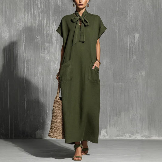 Military-green Cotton-linen Blend Tie-waist Short-sleeve Maxi Dress