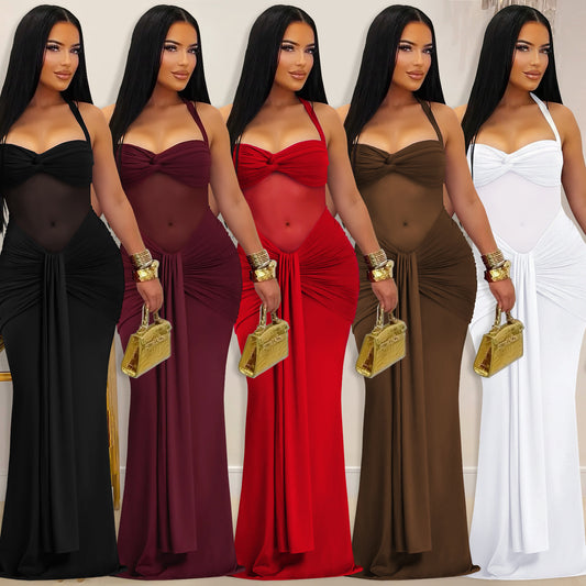 Fashion Women's Sexy Sheer Mesh Halter Tie-Back Dress
