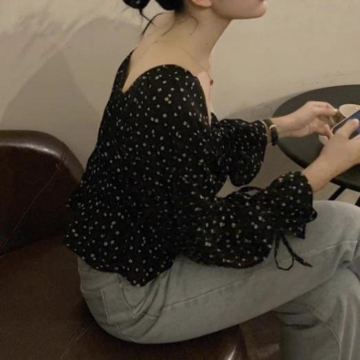 French-style Off-shoulder Square-neck Puffed-sleeve Black Floral Chiffon Blouse