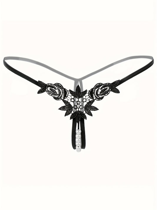 4 Pcs Seductive Lace Thongs - Sultry Low-Rise, Daring Open Crotch, Ultra-Sheer G-String with Delicate Pendant Pearl Accent - Designed for Women, Exquisite Sexy Lingerie and Intimate Underwear