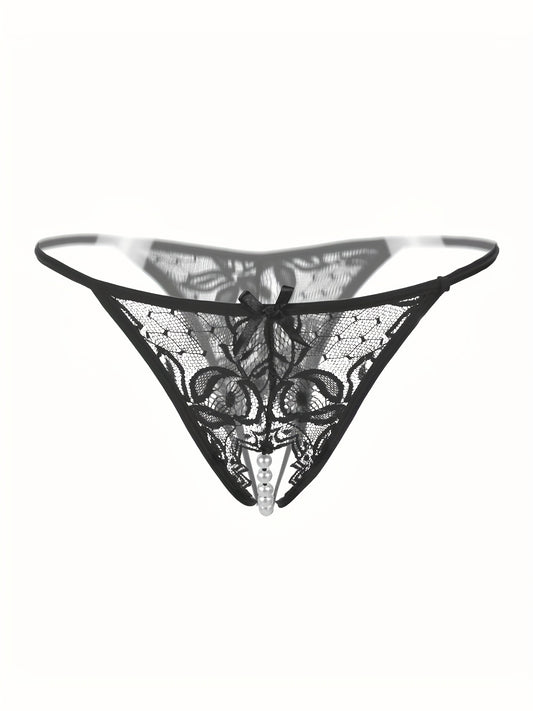 Sexy Floral Lace Thongs - Comfortable Women's Lingerie with Faux Pearl Detail, Open Crotch, and Elegant Design for a Confident You