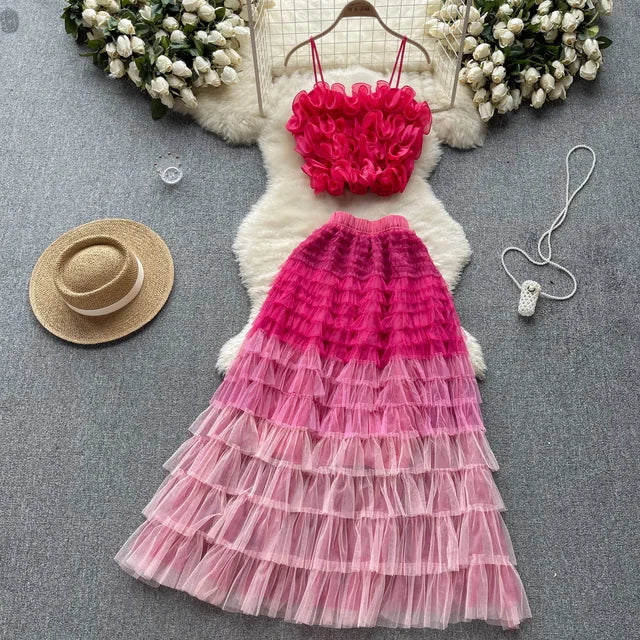Women Mesh Sheer Bikini Cover-ups Set Camis Crop Tops and Cake Ruffles Long Skirts Two Piece Swimwear Beach Dresses