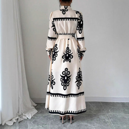 Style Printed Tie-up Long Dress with A-line Silhouette