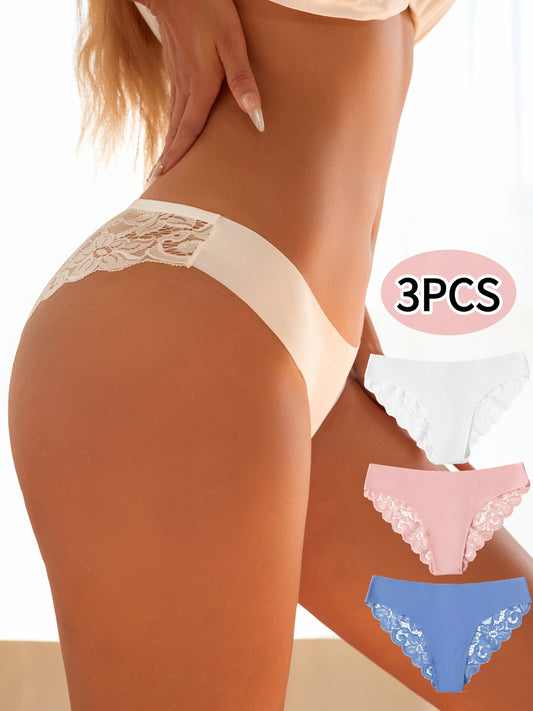 3Pcs Women's Sexy Lace Briefs Seamless Comfortable Panties Low-waist Underwear Ladies Intimate Plus Size Lingerie Exquisite Floral Set Bikini Briefs.