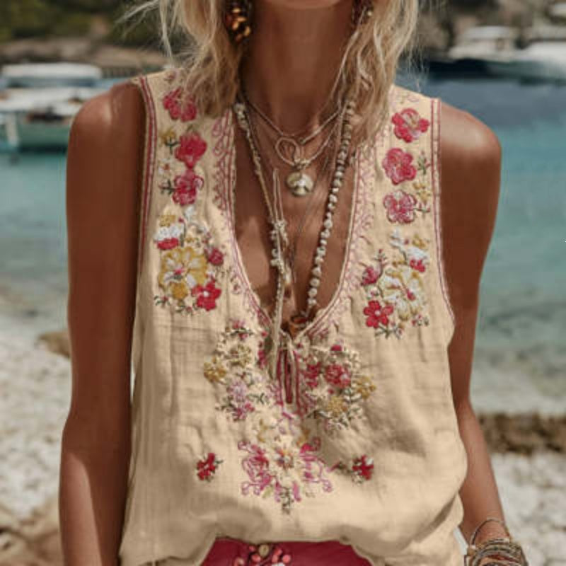 Womens V-Neck Tank Top With A Botanical Floral Print