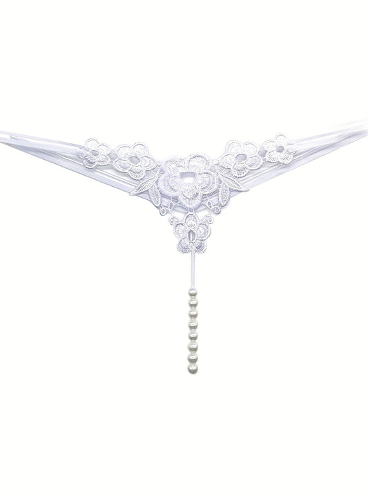 Floral Embroidery Thong, Hollow Out Faux Pearl Panties, Women's Sexy Lingerie & Underwear