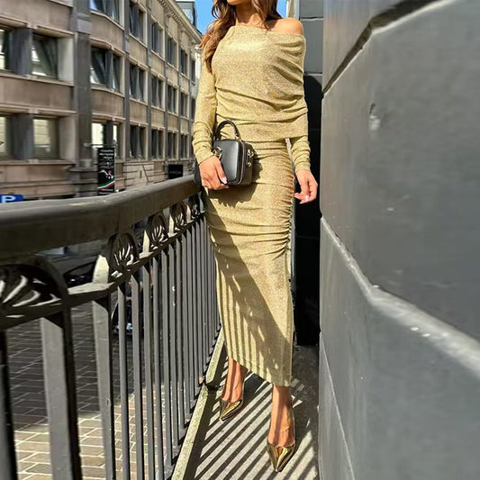 One-shoulder Split Dress with Off-Shoulder Design for Evening Wear and Party Occasions