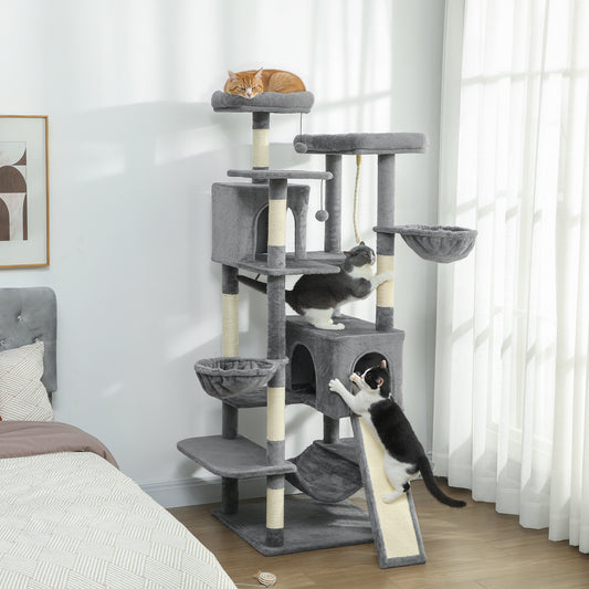 69" Cat Tree, Multi-Level Cat Tower with 2 Condos and 3 Hammocks, 8 Scratching Posts, for Multiple Cats, Dark Gray