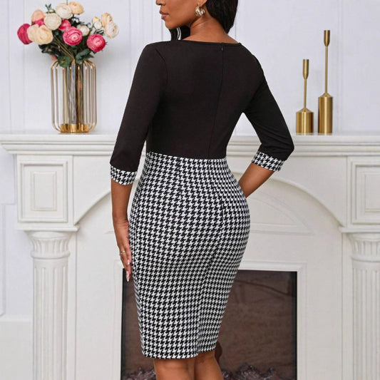 SpringSummer Houndstooth Patchwork Asymmetrical-Neckline Slim-Fit Dress
