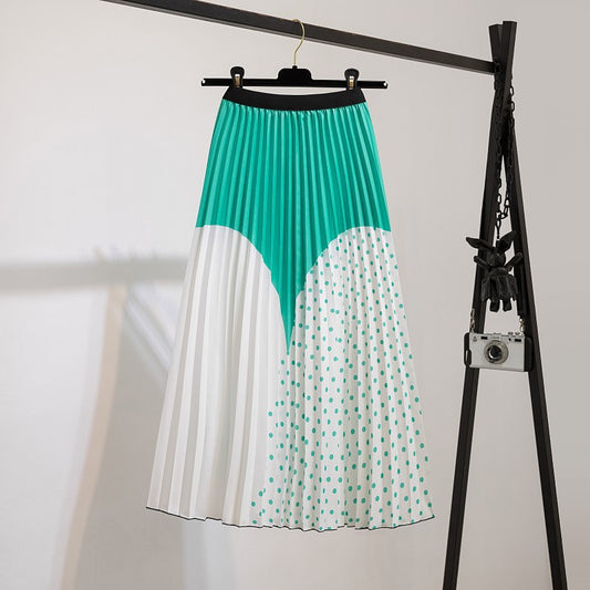 Skirts Women's Elastic Waist Pleated Skirts Printed Mid-Length Skirts Pleated Large Swing A-line Skirts