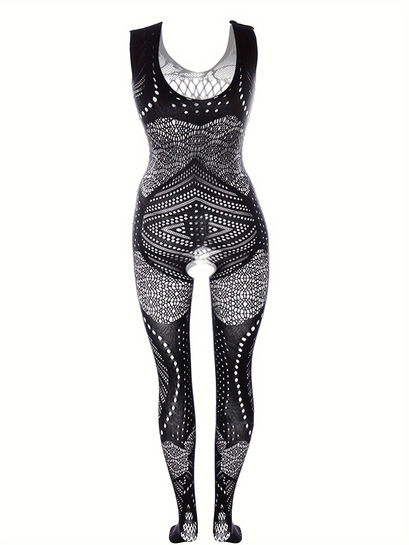 Plus Size Sexy Lingerie Bodysuit for Women - Black Hollow Out Sheer Fishnet, Stretchy Crotchless Full-Body Stocking, Intricate Geometric Patterns