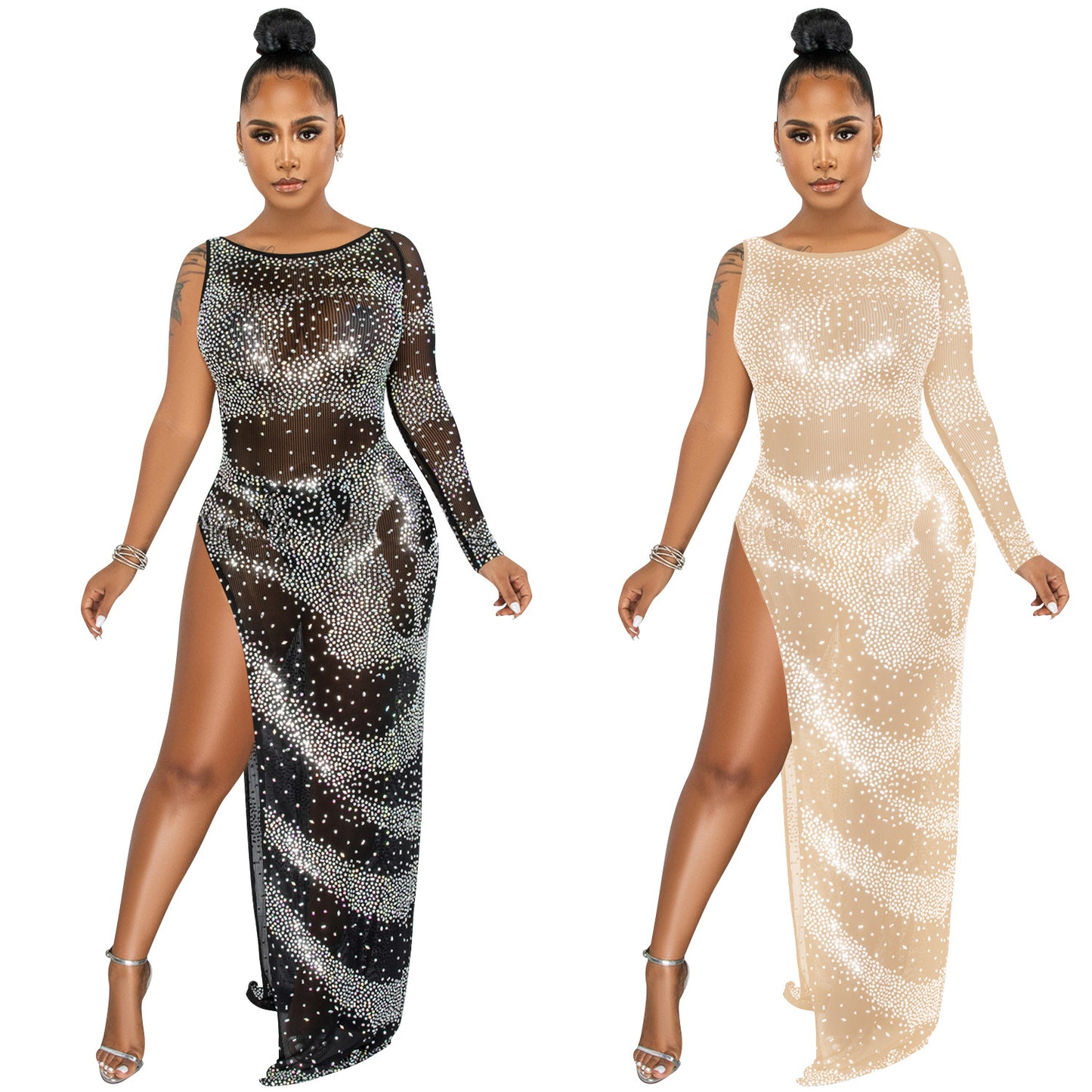 Fashion Sexy Nightclub Rhinestone Single Long Sleeve Irregular Slit Maxi Dress