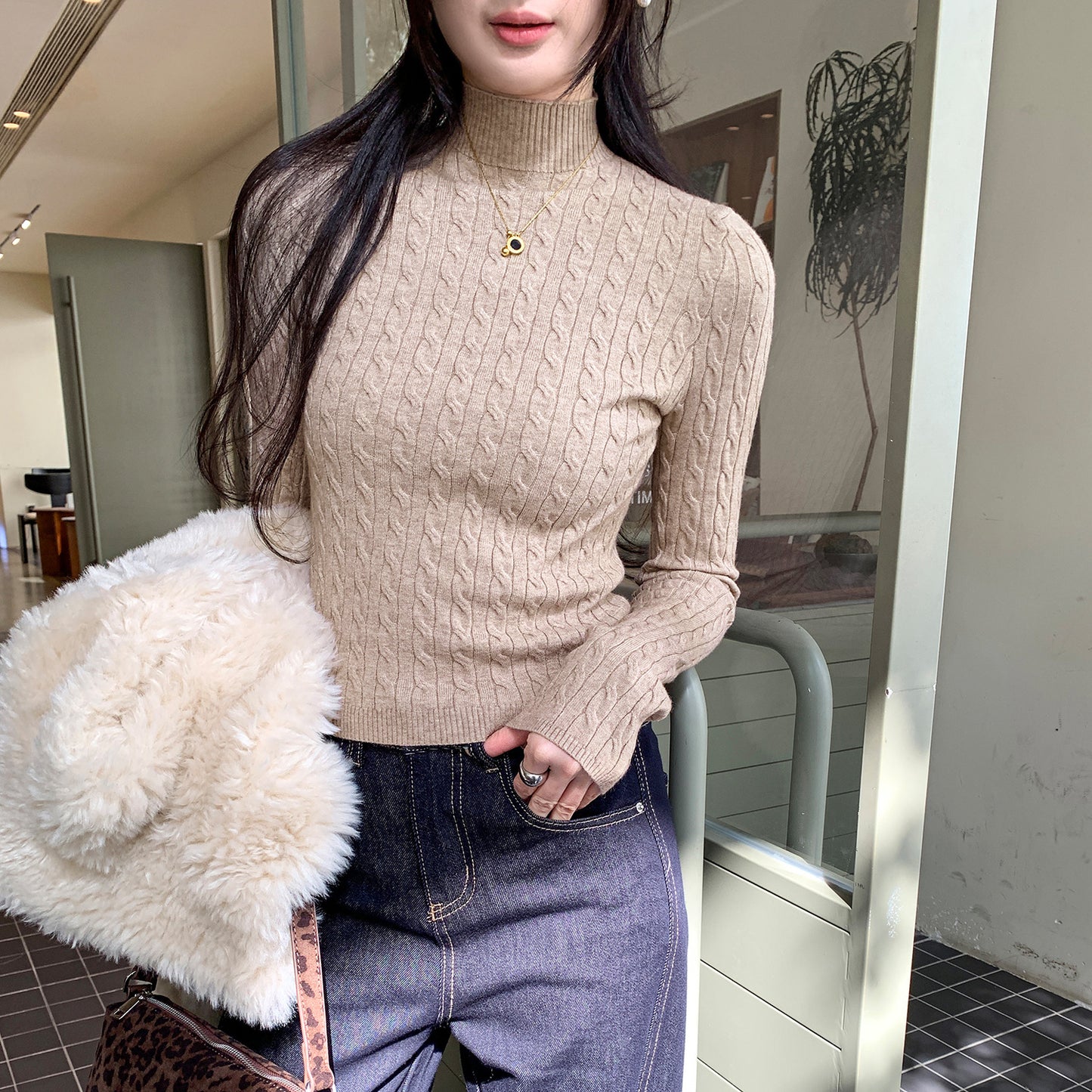 Chic Gray Cable Knit Crewneck Sweater Top for Women, Slim Fit Short Length Underwear Shirt