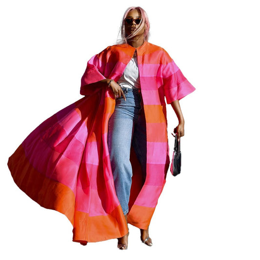 Women Fashion Striped Big Swing 3/4 Sleeve Maxi Long Cover-ups Trench Streetwear
