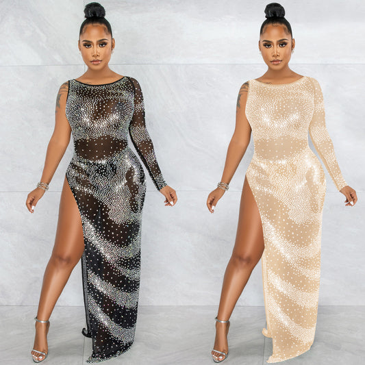 Fashion Sexy Nightclub Rhinestone Single Long Sleeve Irregular Slit Maxi Dress