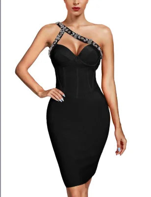 Ocstrade Fashion Design Women Elegant Solid Color Diamond Dress Sleeveless Bodycon Backless Zipper One Shoulder Party Dress