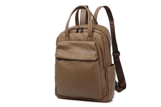 Large Capacity Genuine Leather Business & Travel Backpack with 13" Laptop Compartment England Style Unisex Design Zipper Closure