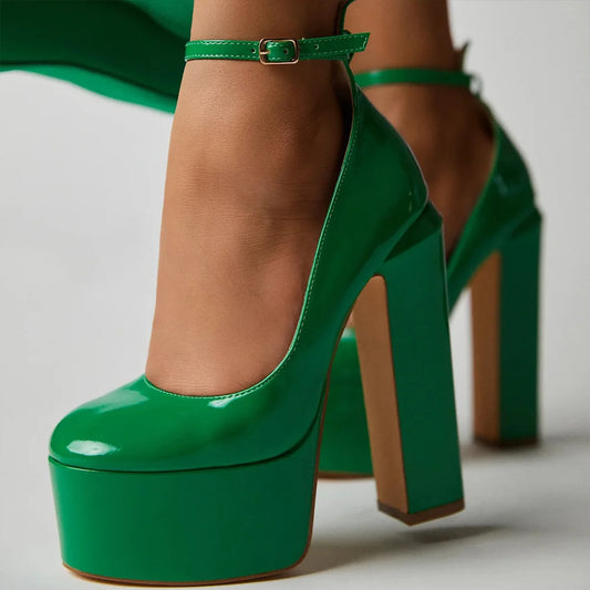Fashion Thick Sole Pumps Block High Heel Round Toe Ankle Strap Women Dress Shoes Platform Patent Big Size 43