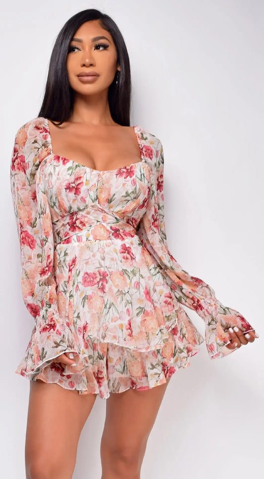 2026 Fashion Floral Jumpsuit With Lantern Sleeve Ruffle Shorts Summer Sexy Backless Women's Dress Square Collar Mini Dress