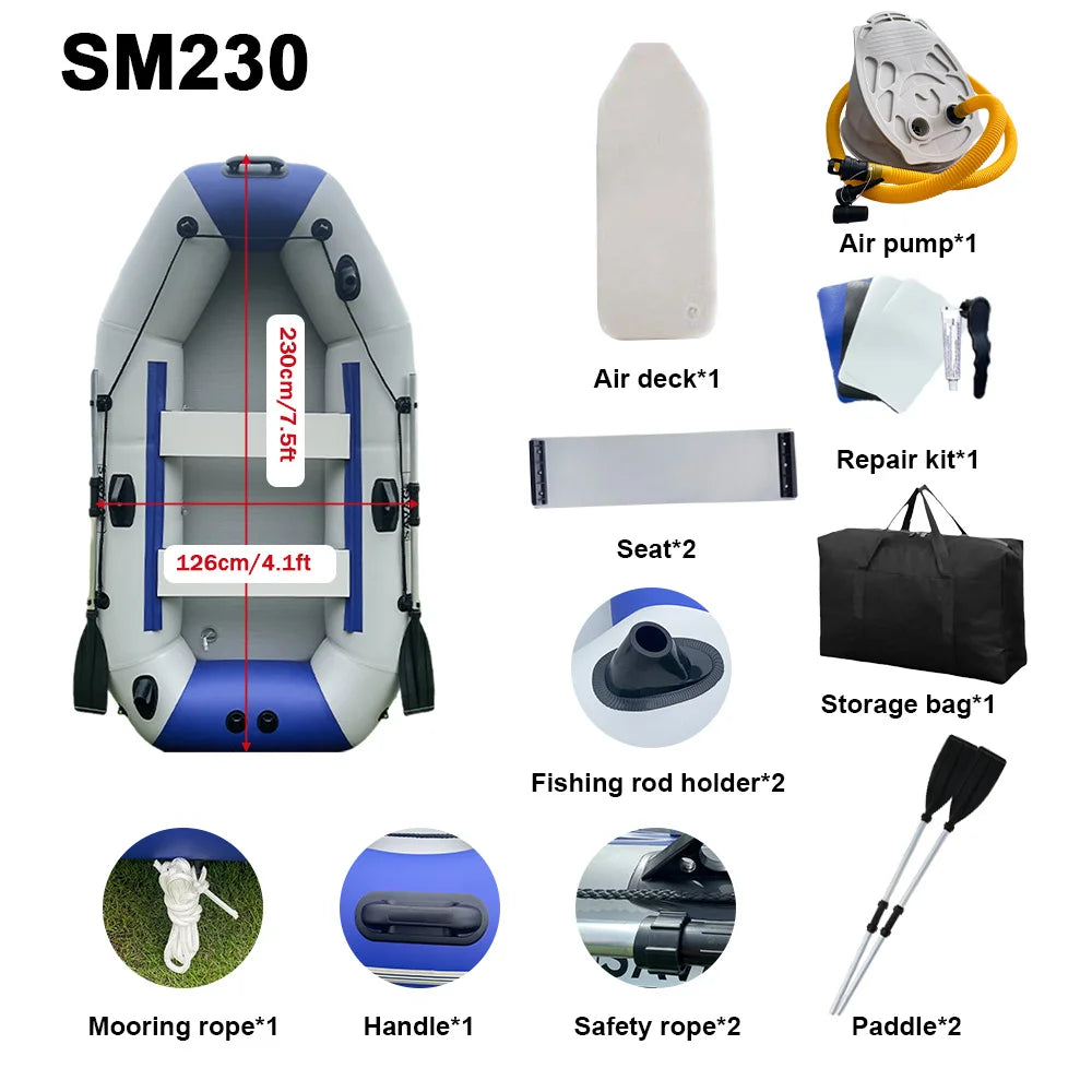 2.3M 3 Person Inflatable Fishing Boat 7.5ft Rowing Kayak Canoe Air Floor With Free Accessories Dinghy