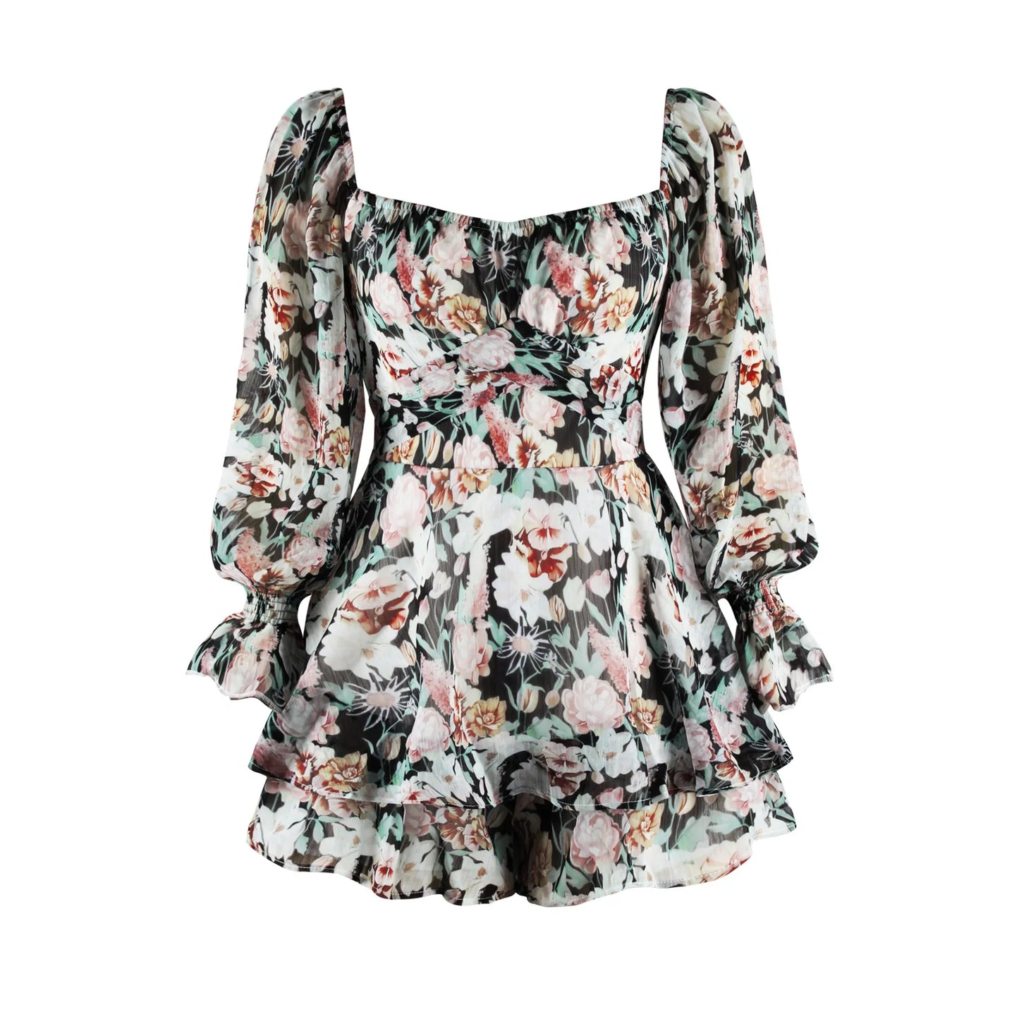 2026 Fashion Floral Jumpsuit With Lantern Sleeve Ruffle Shorts Summer Sexy Backless Women's Dress Square Collar Mini Dress
