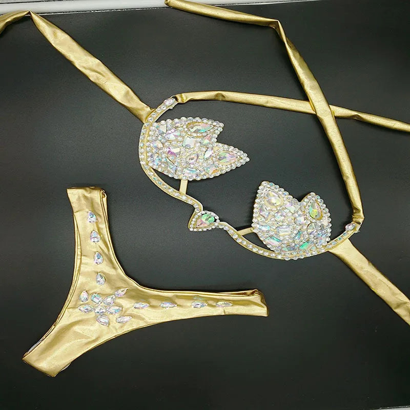 Designer Luxury Bikini Swimwear Girls Rhinestone Shiny Dance Wear Performance Stripper Outfit Swimsuits Beach Wear
