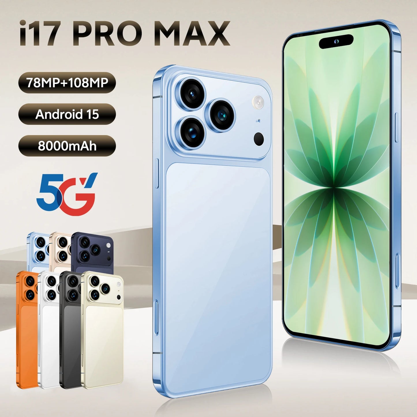 Global Version Unlocked 17 Pro Max 7.3Inch 5G Android 15 Smartphone 1TB Storage HD Screen Resolution CDMA LTE English Spanish