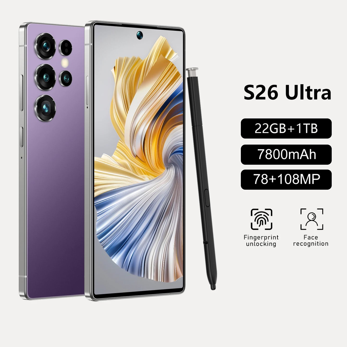 Les S26 Ultra Original 5G Waterproof Android 14 Smartphone 7.3\" HD Screen 108MP Rear 22GB+1TB Memory Global Elite Unlocked 14