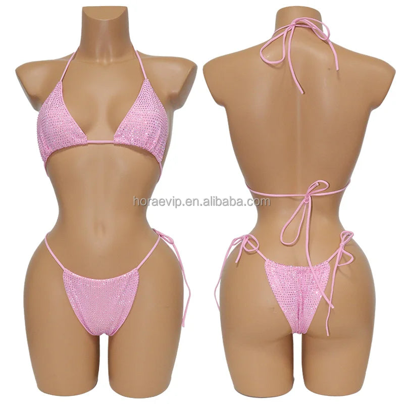 S573 Factory Supply Full Rhinestone Swimwear Swimsuit Two Pieces Sexy Bikini Neon Green Crystal Swimming Bathing Suit for Girl