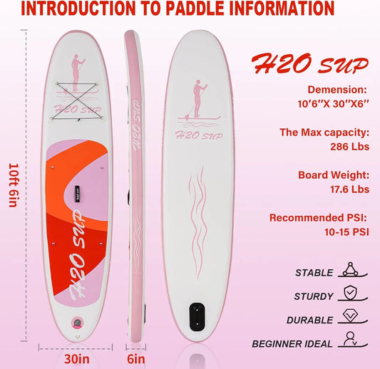 Stock H2O 10'6'' Portable Inflatable Stand Paddle Board (SUP) CE Certified 150kg Max Weight Standard Accessories Water Sports