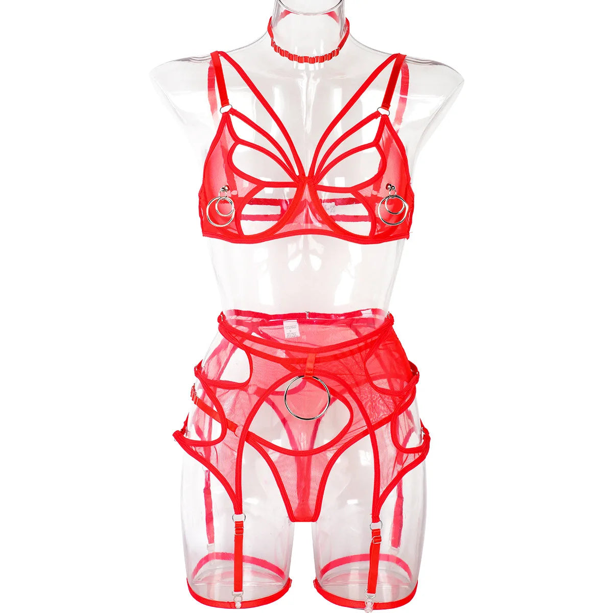High Quality Sexy Tulle Sheer High Waist Bra and Panty Sets Hollow Out Lace Breathable Mental Ring Steel Erotic Lingerie Women