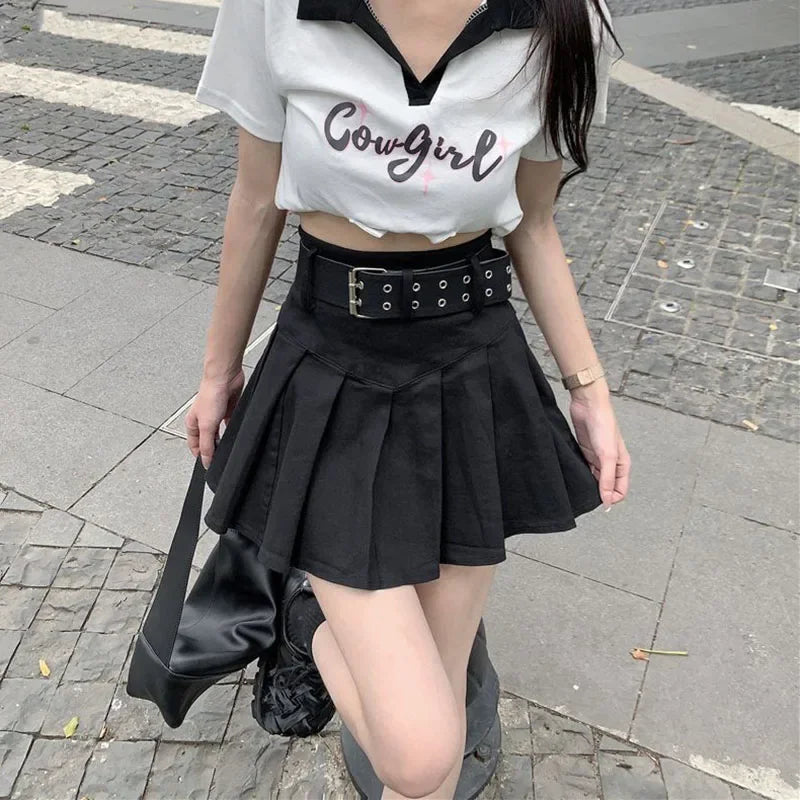 Lucyever Korean High Waist Pleated Skirts Women Summer Khaki Black with Belt A-Line Skirt Woman All-Match Streetwear Mini Skirt