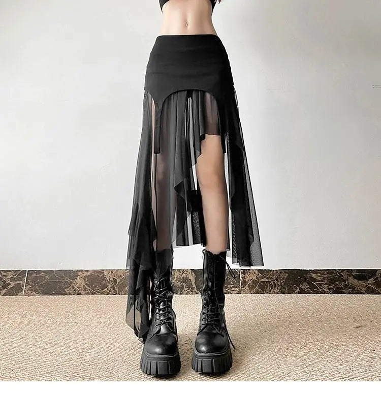 Deeptown Vintage Sexy Slit Skirt Women Y2k Elegant Irregular Sweet Ruffle Skirts Korean Style Tulle Streetwear Layered Skirts