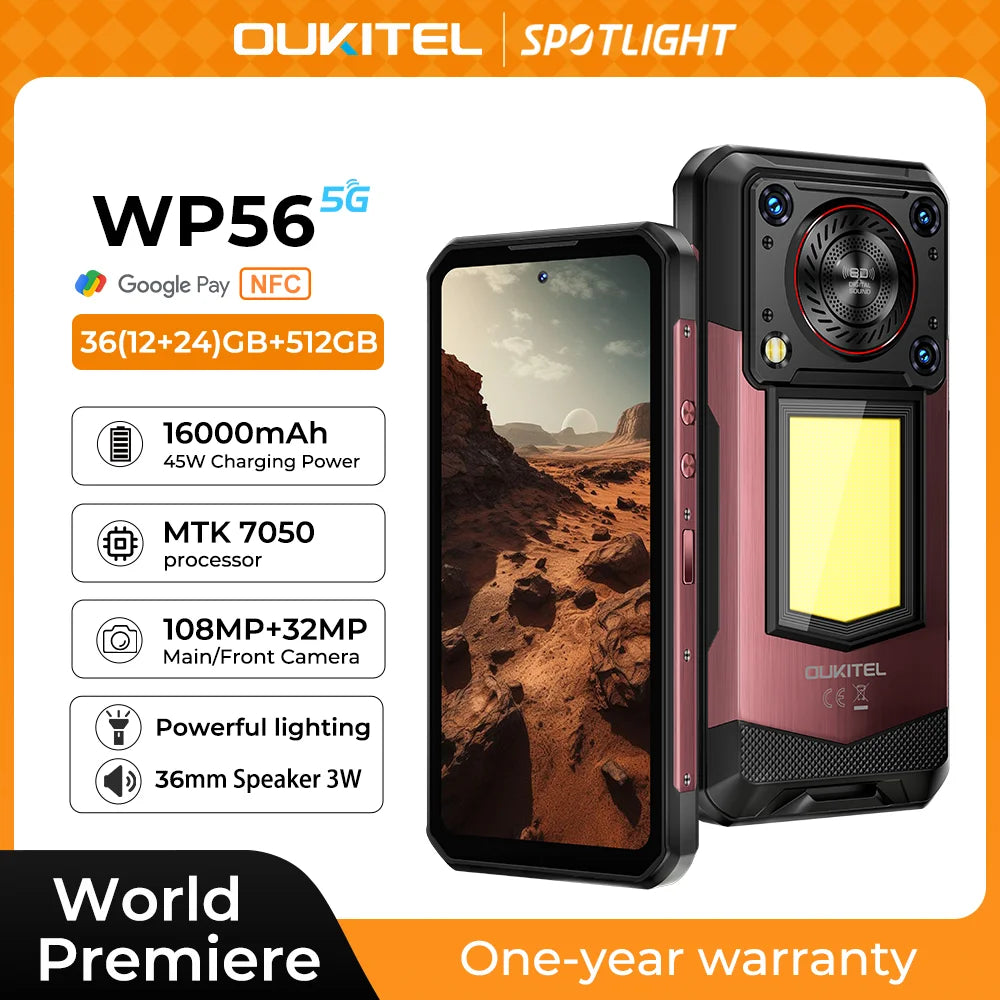 OUKITEL WP56 Rugged phone 16000mAh 45w 36GB+512GB 6.8“FHD 120Hz cell phone MTK7050 32MP+108MP android 15 smartphone