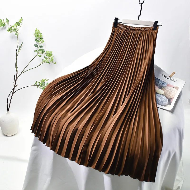 Womens Chic Pleated Swing Long Skirt with Liner Korean Fashion Kawaii Elastic High Waist OL Chiffon Shirring Mermaid Skirts K77