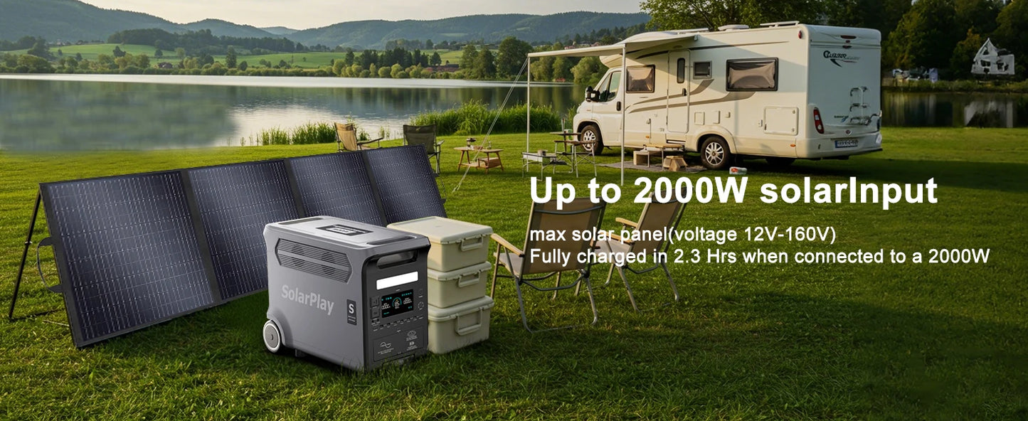 SOLARPLAY Q3600 Outdoor Generator 3600W MPPT Portable Power Station with 400W Folable Solar Panels Trolley For RV Camping