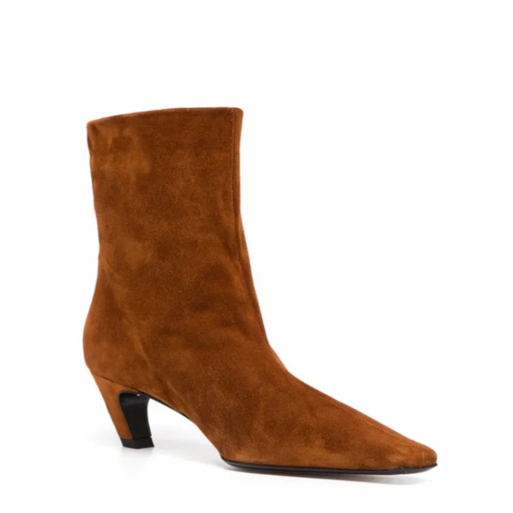 Embroidered Square Toe Cat Heel Western Cowboy Boots Woman Winter 2025 Slip-On Shaped Heel Slim Boots Fashion Shoes for Women