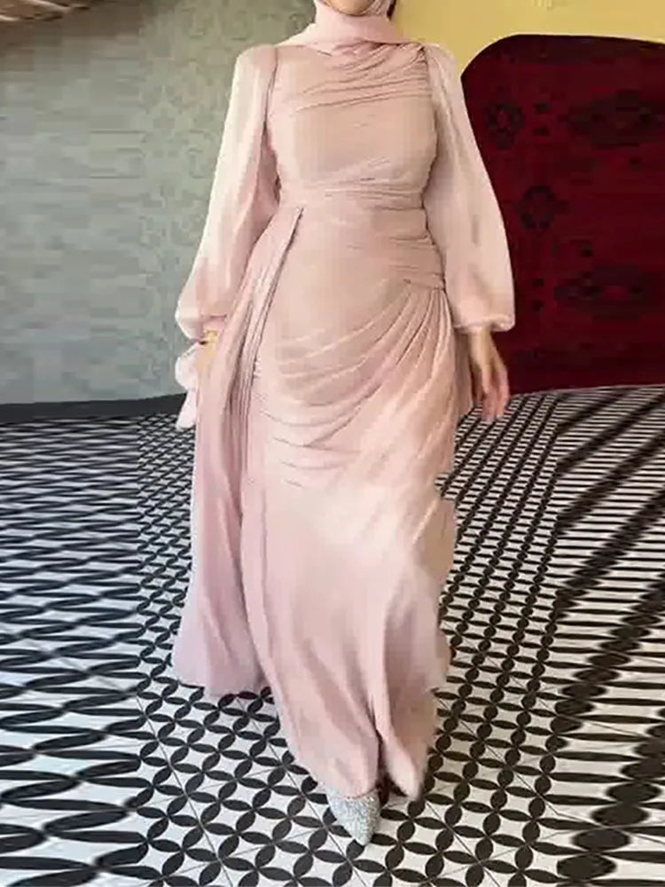 Fashion Lantern Sleeves Autumn Party Dress 2025 Elegant Solid Color Lace Up Dress Ladies O-neck High Waisted Pleated Long Dress
