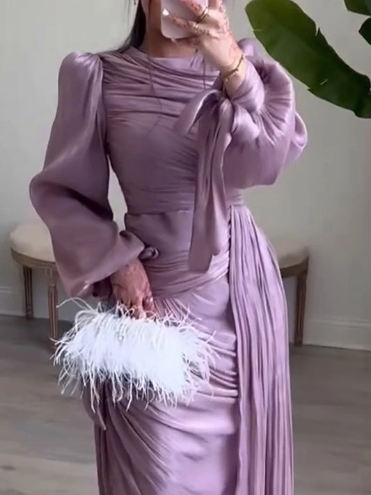 Fashion Lantern Sleeves Autumn Party Dress 2025 Elegant Solid Color Lace Up Dress Ladies O-neck High Waisted Pleated Long Dress