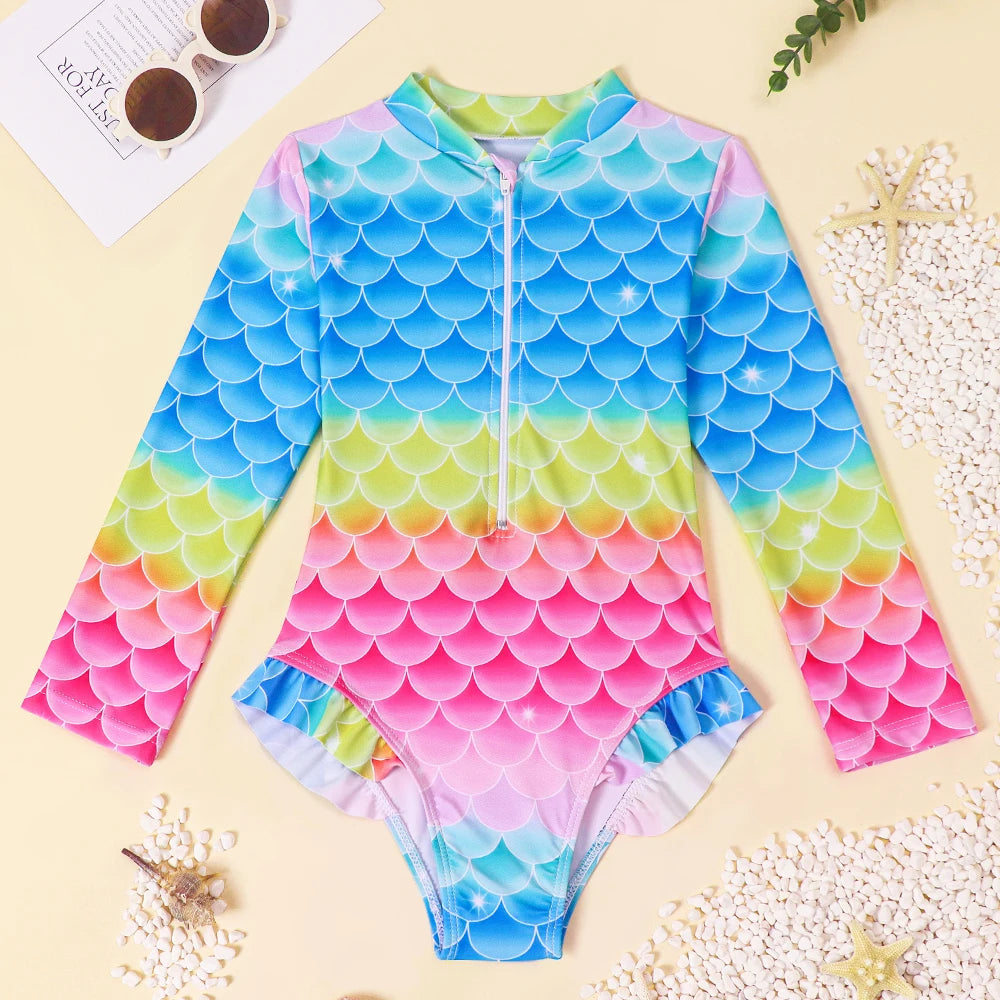 Girls Long Sleeve Swimwear One Piece Swimsuits Kids Striped Rainbow Bathing Suit Hawaiian Beach Swim Shirts for Surfing
