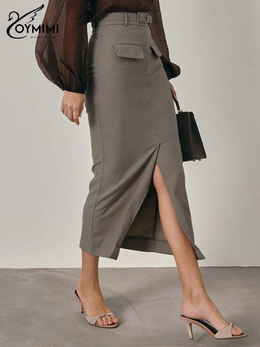 Oymimi Fashion Khaki Slim Skirts For Women Elegant High Waisted Zipper Solid Skirts Casual Pocket Straight Mid-Calf Skirt Female