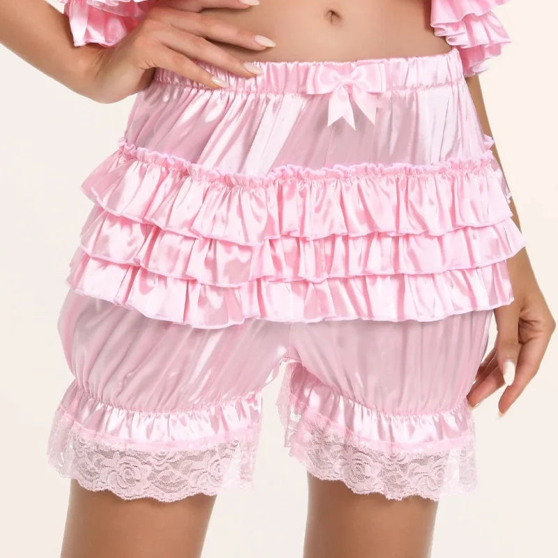 Satin Lace Ruffles Lolita Bloomers Shorts Pants Women Pink Tiered Kawaii Pumpkin Panties Y2k Vintage Victorian Bloomer
