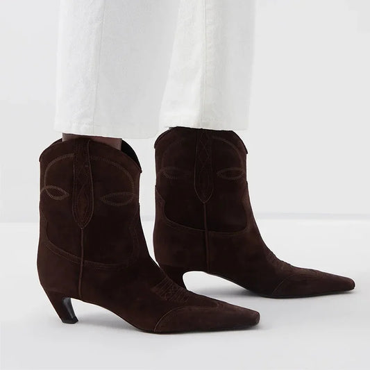 Embroidered Square Toe Cat Heel Western Cowboy Boots Woman Winter 2025 Slip-On Shaped Heel Slim Boots Fashion Shoes for Women