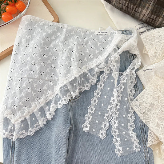 INS Y2K Stylish Lace Embroidery Layered Triangular Types Jeans Pant Matching Half Skirts Fart Curtains All-Match Stacked Skirt